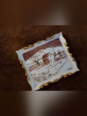 Porcelain Scenic Accent Tray with Gold Trim - Brown/White